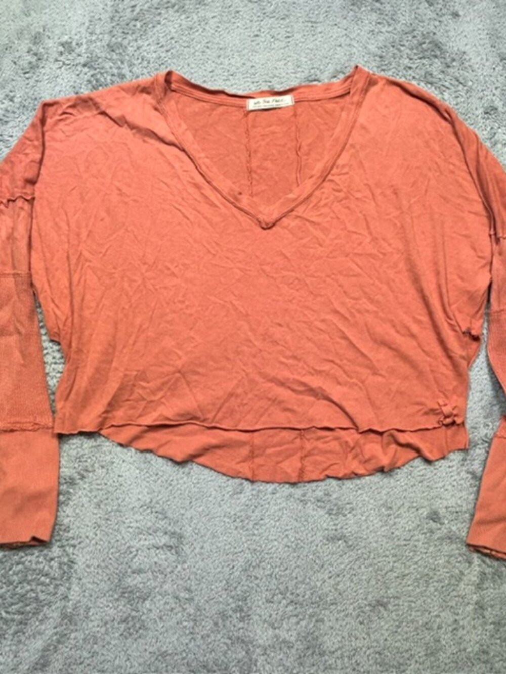 Free People Shirt Size XS Orange Oversized Cropped Top Long Sleeve We the Free